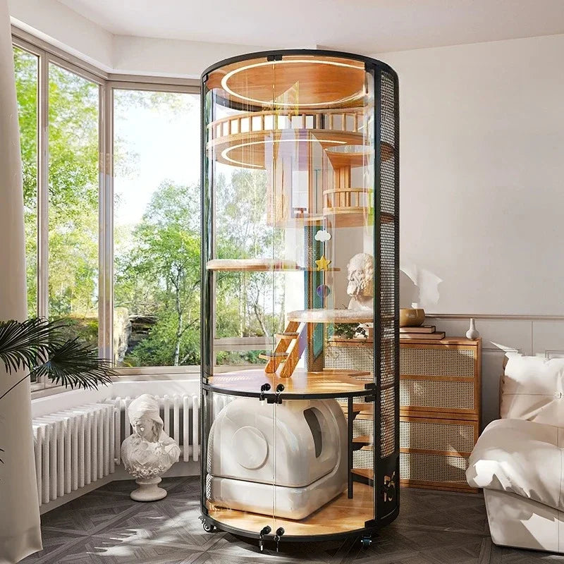 Cat Villa Deluxe 360 Panoramic Cat Cage House Solid Wood Steel Glass Smart Cat Toilet