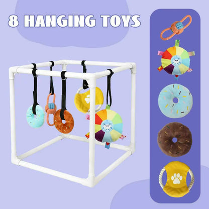 Puppy Gym Assembly Frame Training Tool with 5 Toys Dog Playground Equipment for Training Teething Calming Indoor Floor Play
