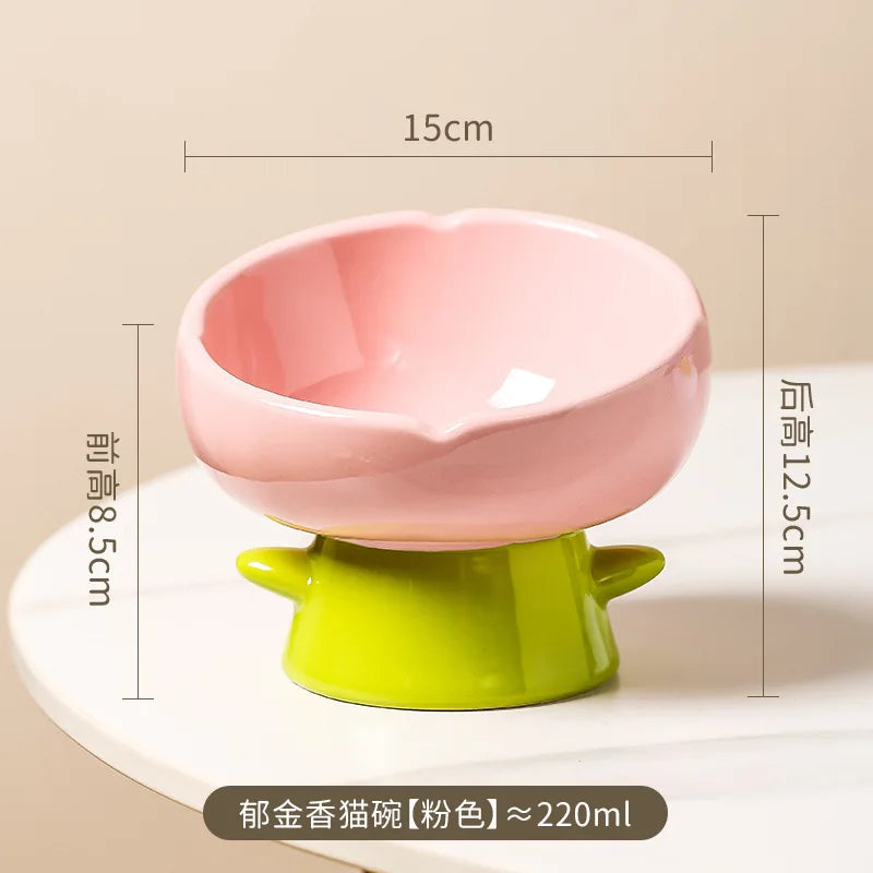 Tulip-shaped ceramic cat food bowl for pets prevent tipping over, and reduce the risk of blackening at the bottom of the bowl