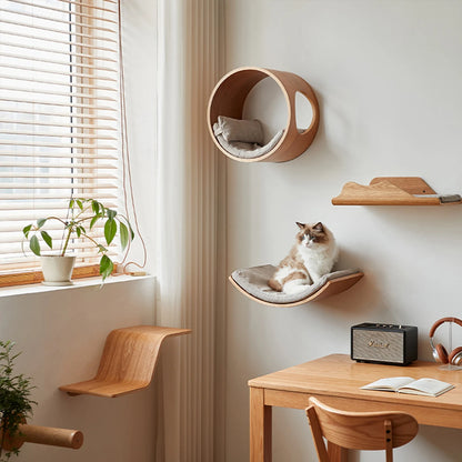Contoured cat rack and wall mounted cat step with cushions wall mounted cat furniture for sleeping, playing, climbing