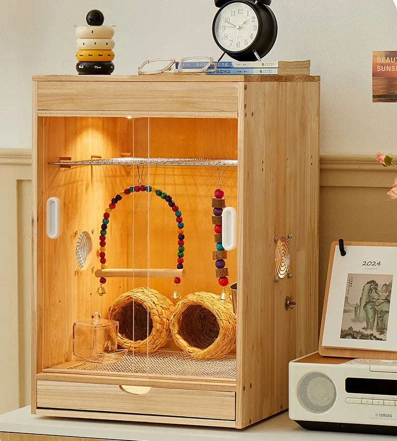 Wooden Bird Cage with Drawers Breathable Young Birds Nest with Base Net Parrot Quail Breeding Box Bird Interior Aviary House
