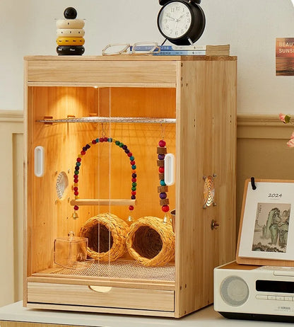 Wooden Bird Cage with Drawers Breathable Young Birds Nest with Base Net Parrot Quail Breeding Box Bird Interior Aviary House