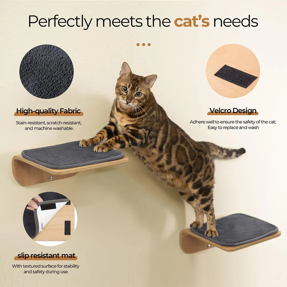 Contoured cat rack and wall mounted cat step with cushions wall mounted cat furniture for sleeping, playing, climbing